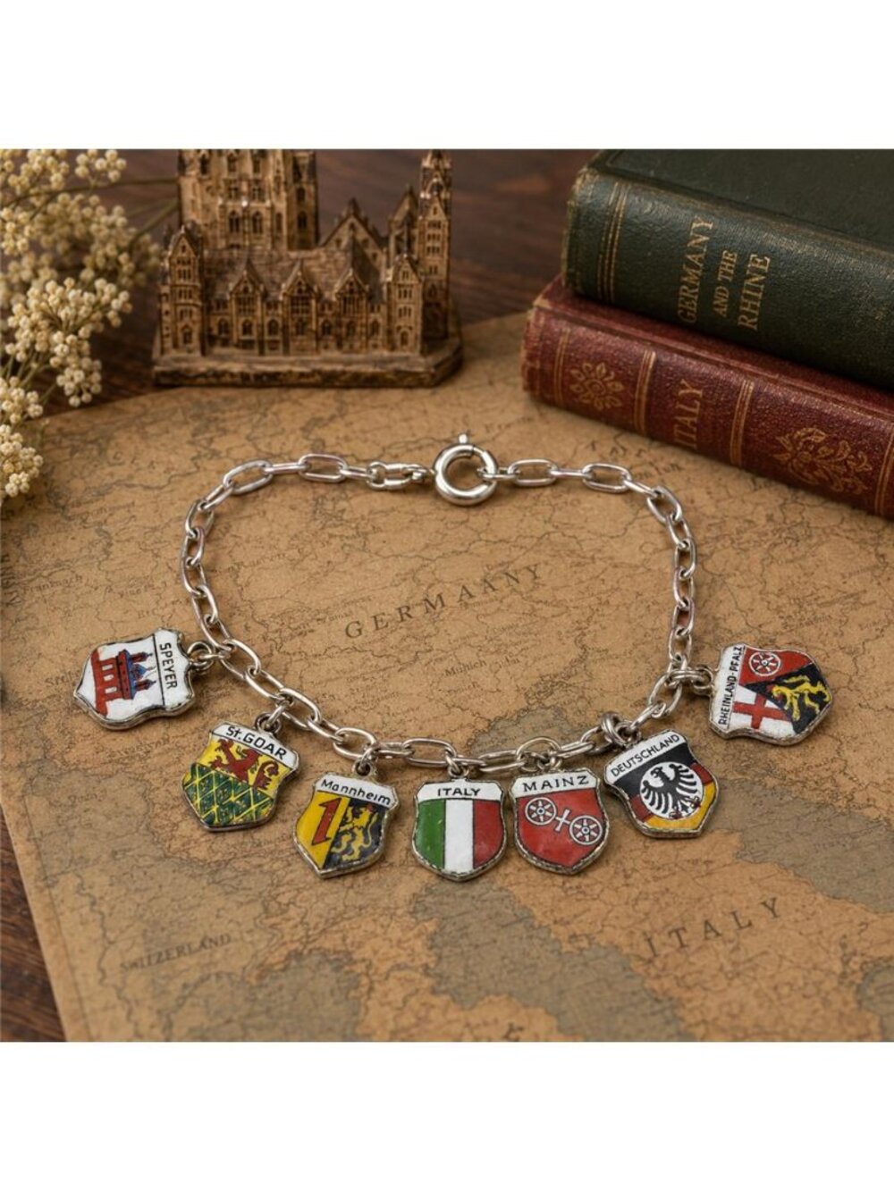 Vintage 800 Silver Enamel Travel Shield Charm Bracelet Germany Italy ANTIKO 7"